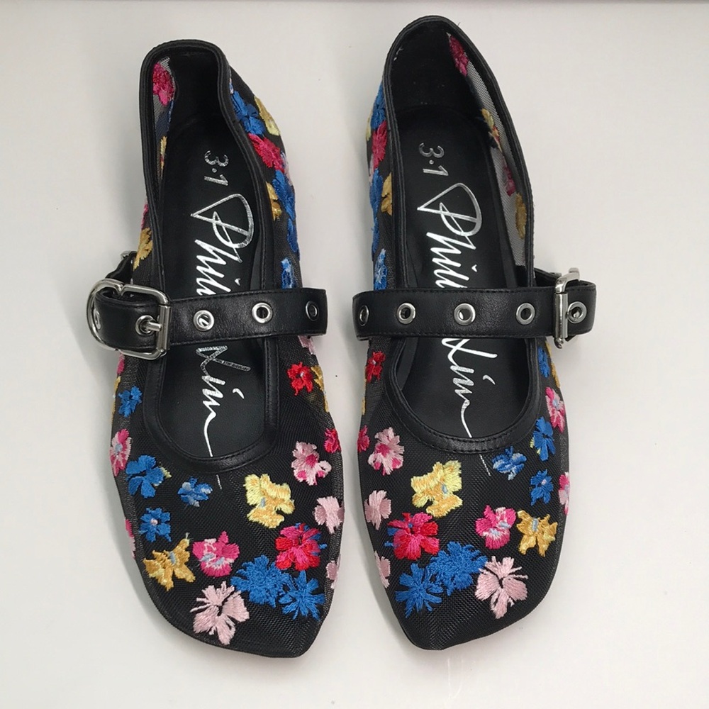 New Without Box – 3.1 Phillip Lim ID Flowerworks Mesh Mary Jane Flats – Black Mu